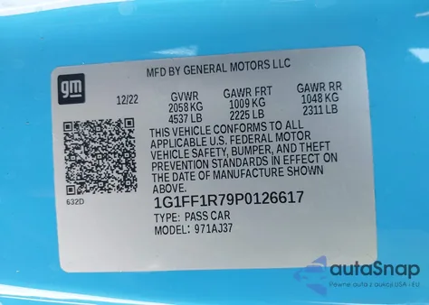 2023 Chevrolet Camaro Rwd 1Ss из США, поврежденный, VIN 1G1FF1R79P0126617